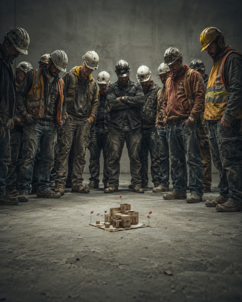 Construction team gathered around a small architectural prototype model on a concrete floor