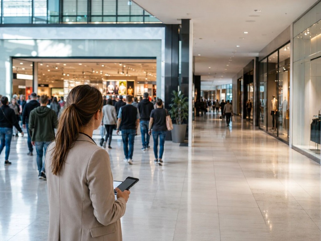 Woman observing foot traffic in a modern exhibition hall